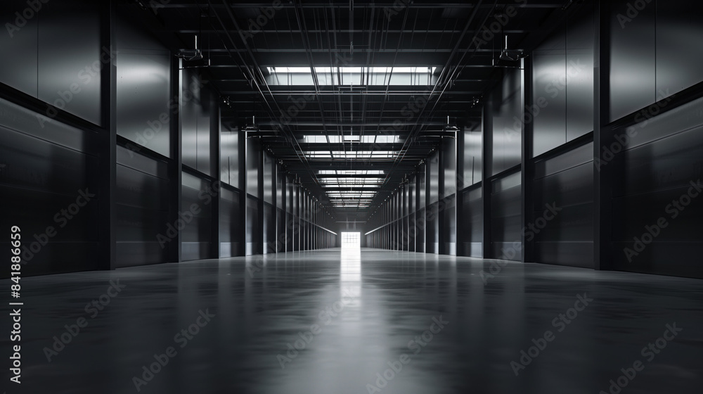 Poster big black empty clean warehouse. background image. created with generative ai technology.