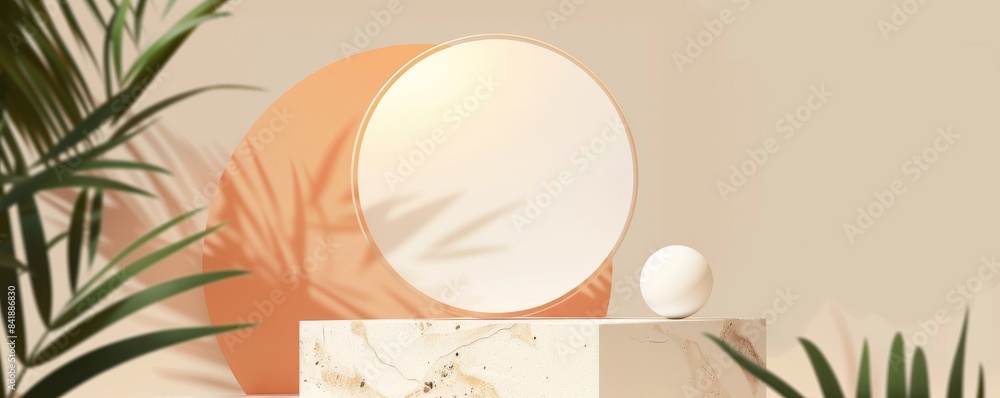 Poster modern abstract podium display with white circle and sphere in minimalistic design
