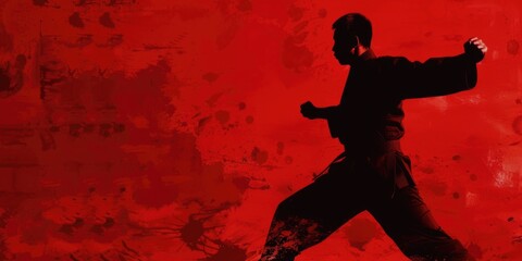 A person in a karate stance against a bright red background