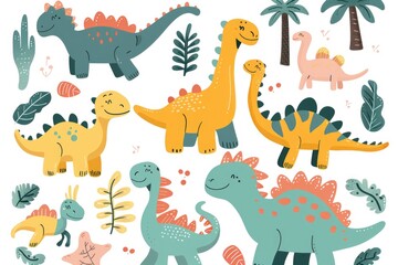 Illustration of various prehistoric plants and dinosaurs together in a jungle-like setting