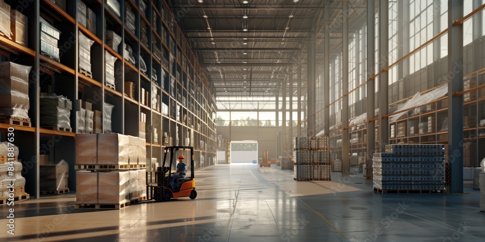 Poster smart warehouse worker or operator driving forklift and lifted product surrounded with box at storag