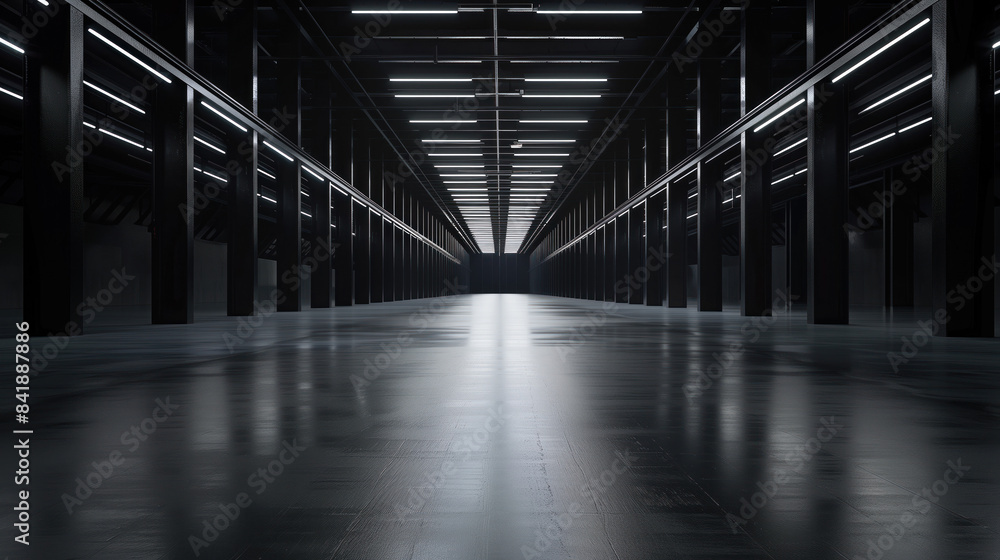 Poster big black empty clean warehouse. background image. created with generative ai technology.