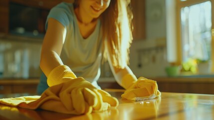 A woman wearing a yellow glove cleans a countertop