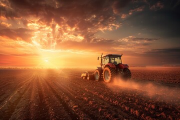 Fototapeta premium A tractor working in a field as the sun sets in the background, with a golden glow