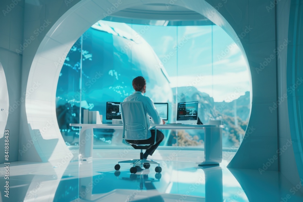 Poster a person sitting at a desk with multiple screens, possibly doing work or gaming
