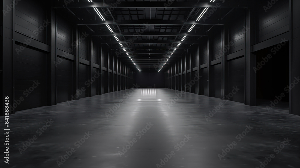 Poster big black empty clean warehouse. background image. created with generative ai technology.