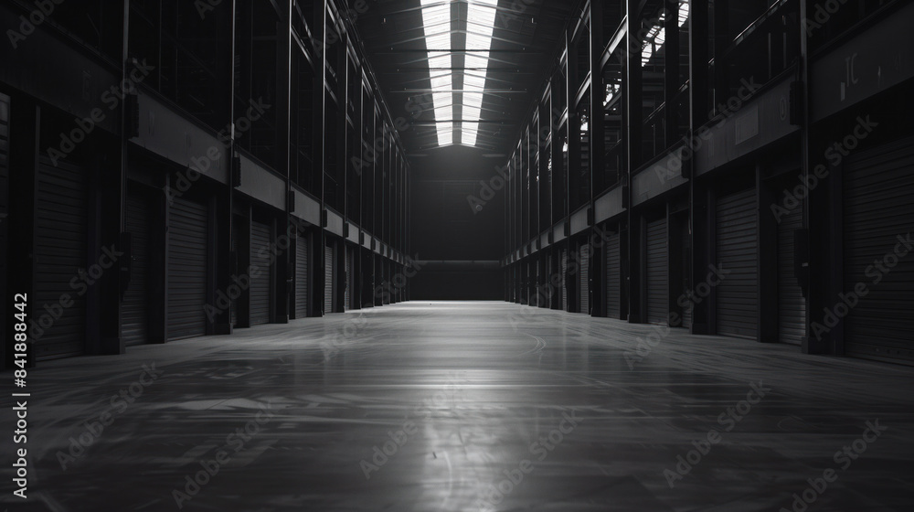 Poster big black empty clean warehouse. background image. created with generative ai technology.
