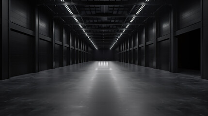 Big black empty clean warehouse. Background image. Created with Generative AI technology.