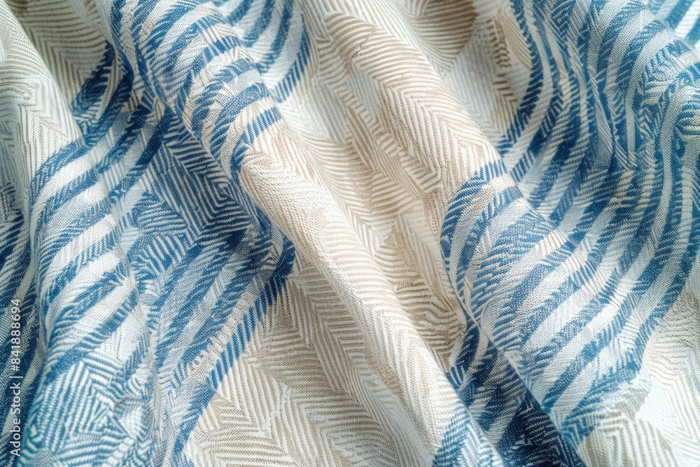 Poster a detailed view of a soft blue and white blanket with a textured weave