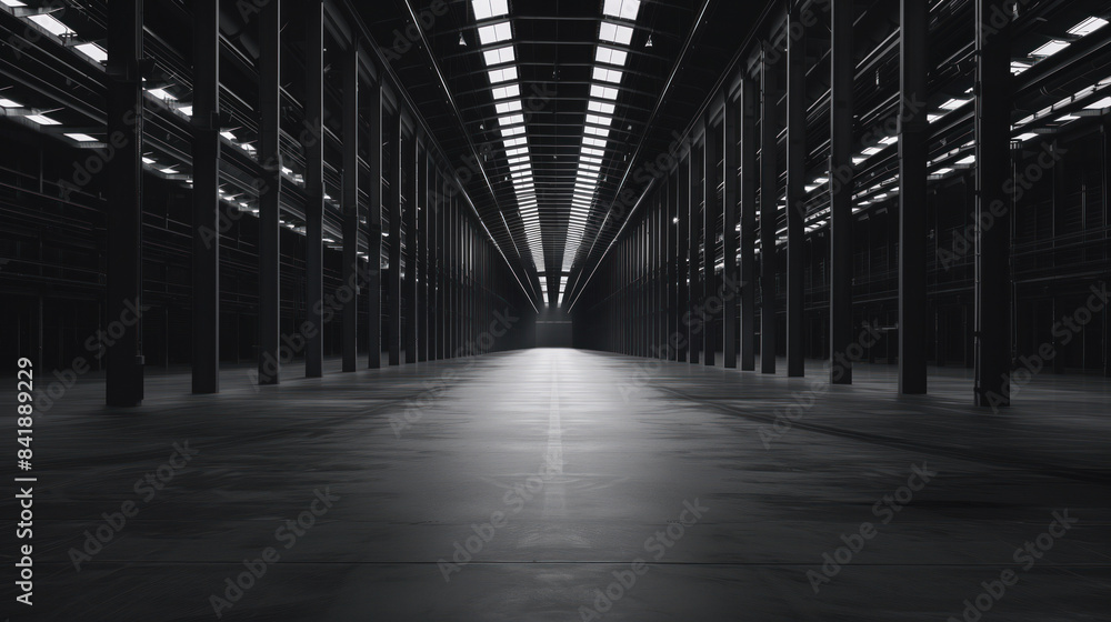 Poster big black empty clean warehouse. background image. created with generative ai technology.