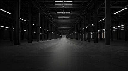 Big black empty clean warehouse. Background image. Created with Generative AI technology.