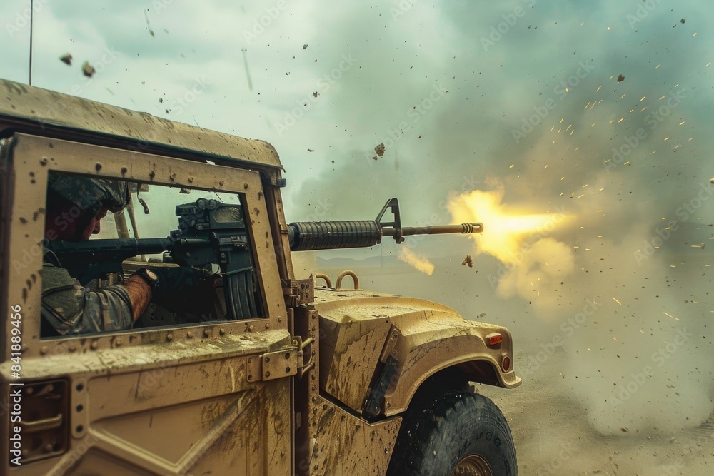 Poster a military vehicle equipped with a machine gun in the back, suitable for use in various scenarios in