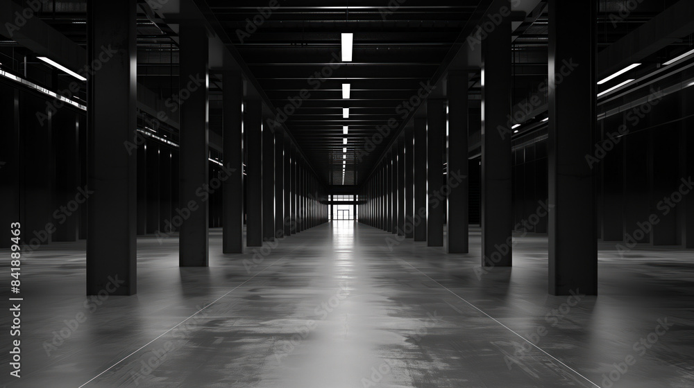 Poster big black empty clean warehouse. background image. created with generative ai technology.