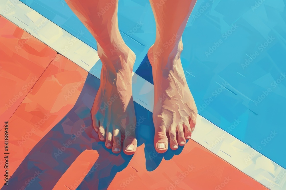 Poster A person standing by a pool with a tiled floor, great for use in lifestyle or travel contexts