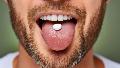 Close-up of a person’s open mouth with a white pill on the tongue, oral medication healthcare