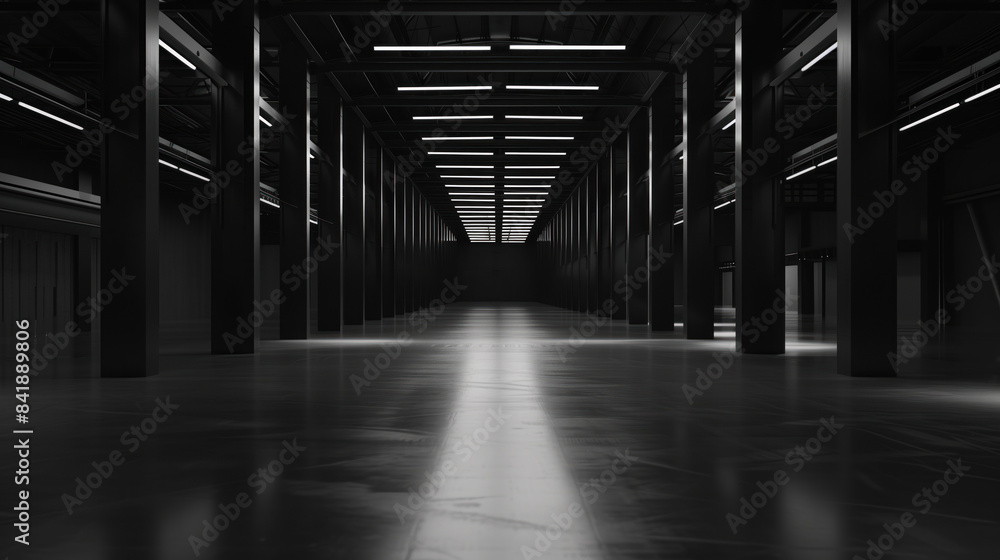 Poster big black empty clean warehouse. background image. created with generative ai technology.