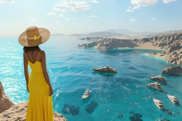 A woman stands on a cliff overlooking a calm body of water, with a bright yellow dress and no...