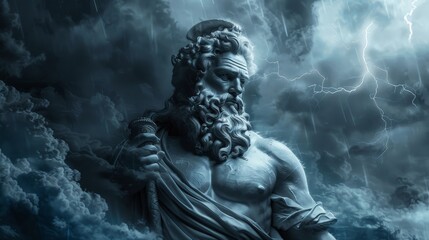 The God Zeus on the background of a gloomy sky with lightning.