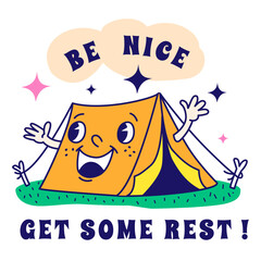 Camping and hiking vector illustration cartoon tent with smile face  in Retro Groovy style