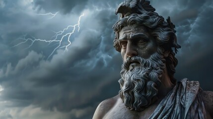 The God Zeus on the background of a gloomy sky with lightning.