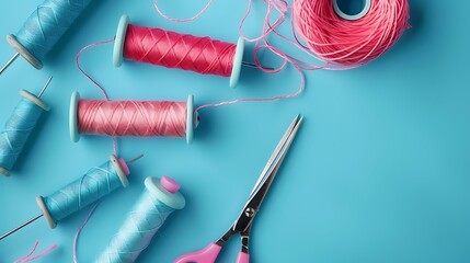Bobbins with pink threads and scissors on blue isolated background