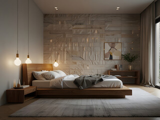 a serene and minimalist bedroom, with natural textures and soft lighting.