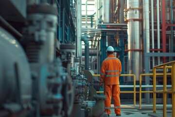 Naklejka premium A man wearing an orange uniform stands in a factory setting
