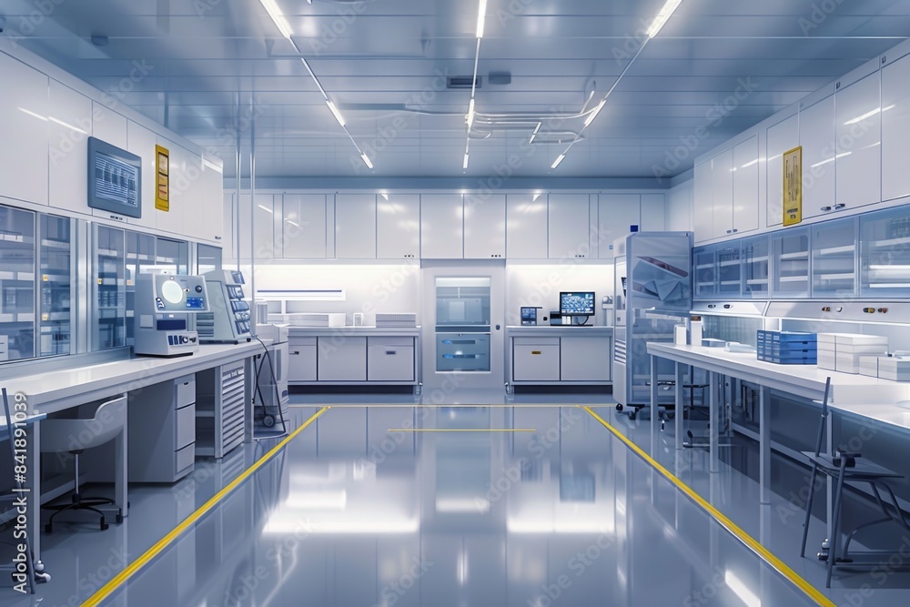 Poster A well-equipped laboratory with numerous counters and workspaces