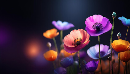 Multi colored vibrant poppy flowers against a dark background