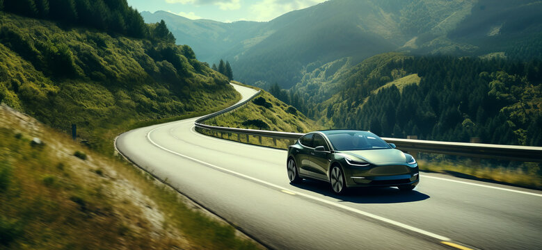 EV (Electric Vehicle) electric car is driving on a winding road	
