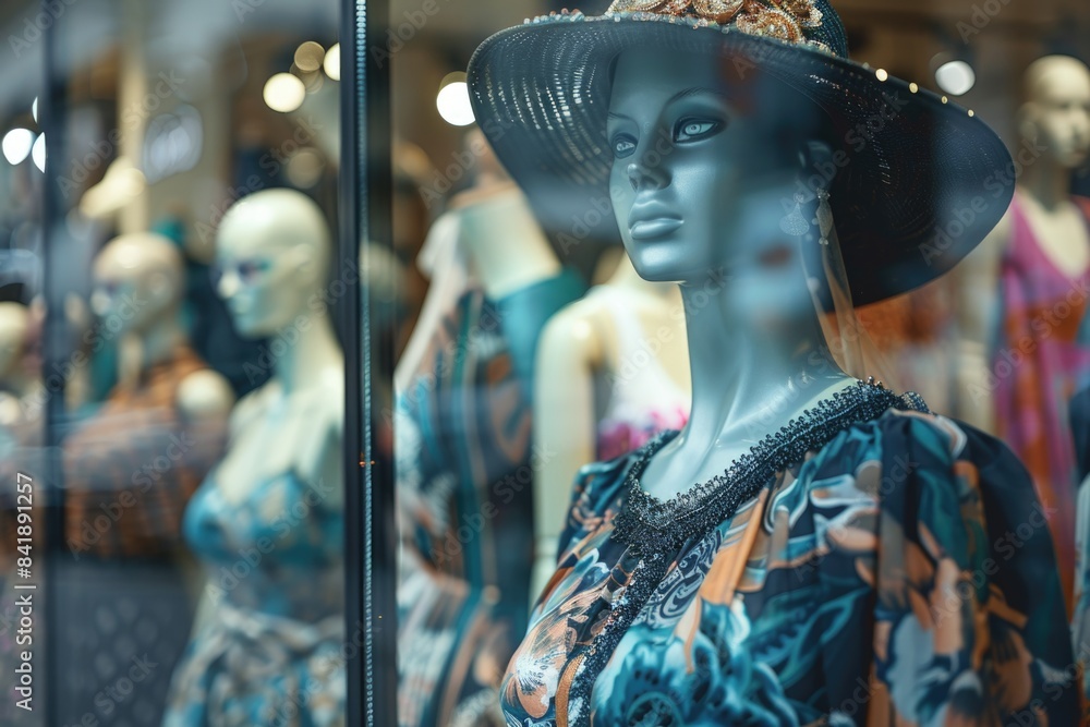 Poster a mannequin dressed in a hat and displayed in a store window