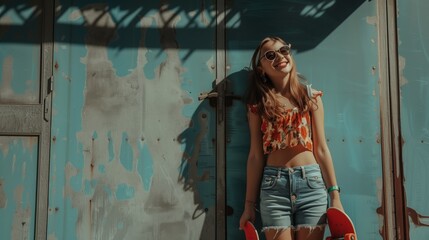 A smiling girl wearing summer clothes leans against a blue wall, holding a skateboard