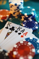 Tabletop scene featuring poker chips and playing cards