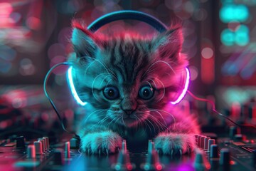 A small kitten wearing headphones and playing music