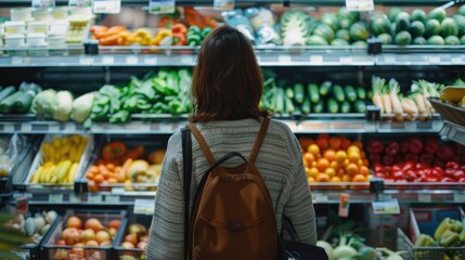A woman stands in front of a colorful display of fresh fruits and vegetables in a grocery store