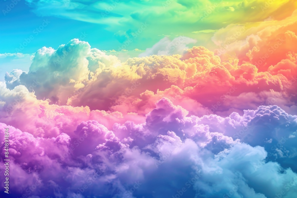 Poster a colorful sky with fluffy clouds, perfect for use as a background or to add some whimsy to your des