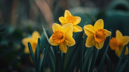 A cluster of bright yellow daffodils growing in a garden setting, suitable for use in images related to spring, flowers, or nature