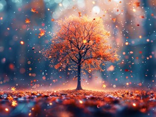 Fototapeta premium Autumn Tranquility: Vibrant Forest Leaves Close Up Double Exposure Silhouette