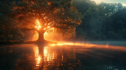 Fototapeta premium Serene Double Exposure: Tranquil Tree by Riverbank Close-Up with Copy Space.