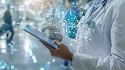 Medicine doctor or medical students using a stethoscope and digital tablet laptop, conducting health checks with digital system support for patients at a hospital. Illustrates medical network