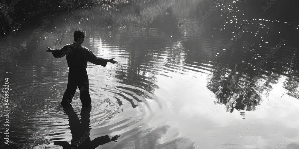 Poster a person standing in calm waters, suitable for use as a background or illustration