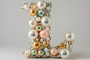 A decorative letter J adorned with pearls and jewels