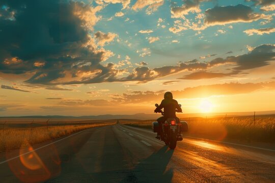 A person riding a motorcycle down a road during the sunset with the setting sun in the background