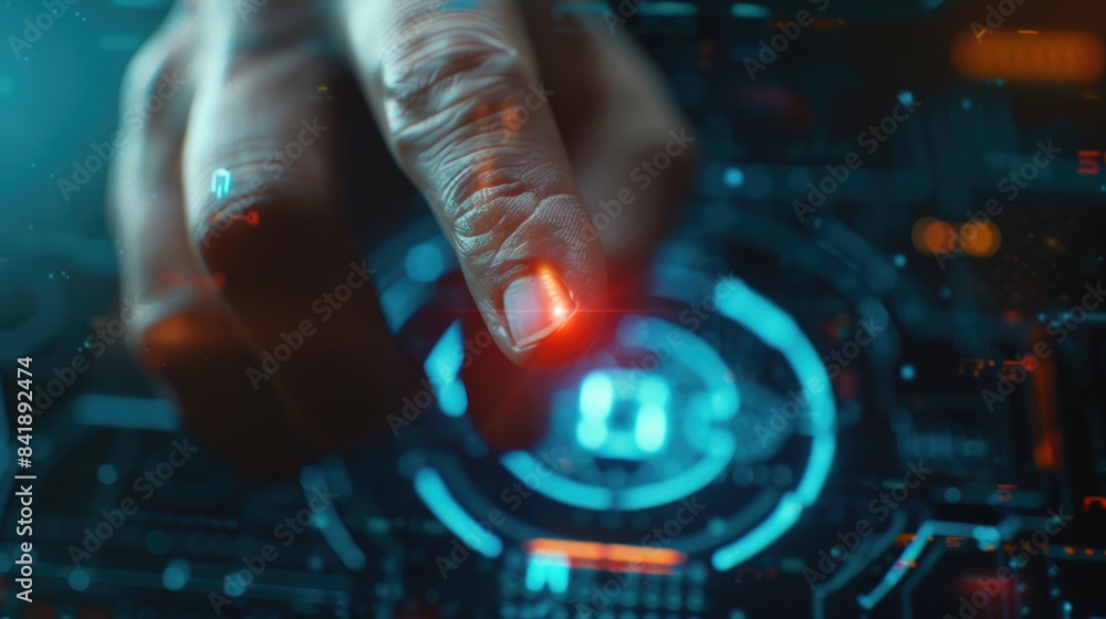 Poster A close-up shot of someone's hand pressing a button, often used in UI design or technology-related contexts