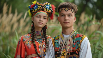 Obraz premium A young couple poses for a photo in traditional clothing