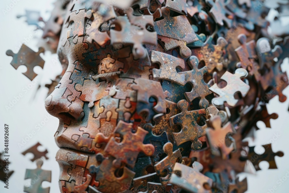 Poster a close-up view of a person's face composed of interlocking puzzle pieces, with each piece fitting t