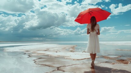 A woman in a white dress holding a red umbrella
