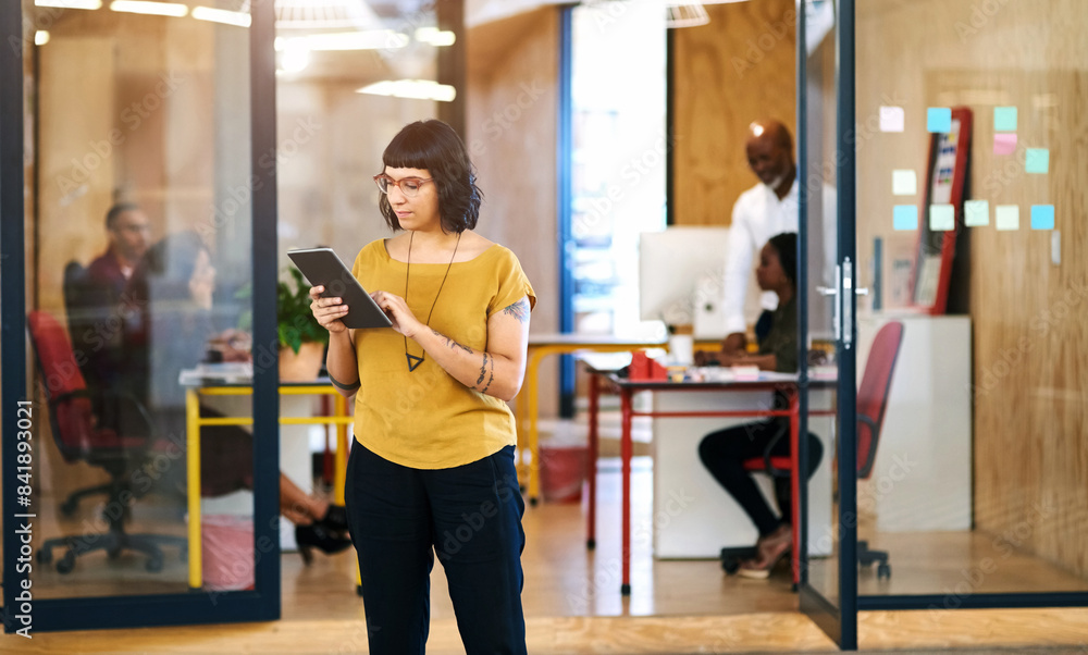 Poster woman, tablet and corridor at startup office with thinking, typing and check notification on web. pe