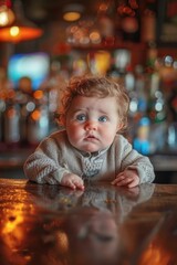 A baby sitting alone at a bar, looking straight at the camera