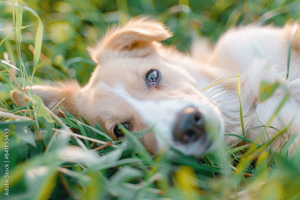 Wall mural A brown and white dog lying down on green grass, possibly relaxing or taking a nap